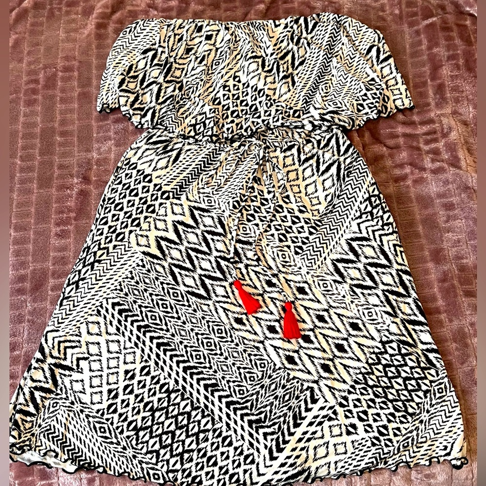 Tart Strapless Dress - Black & White with Red Tassels (S)